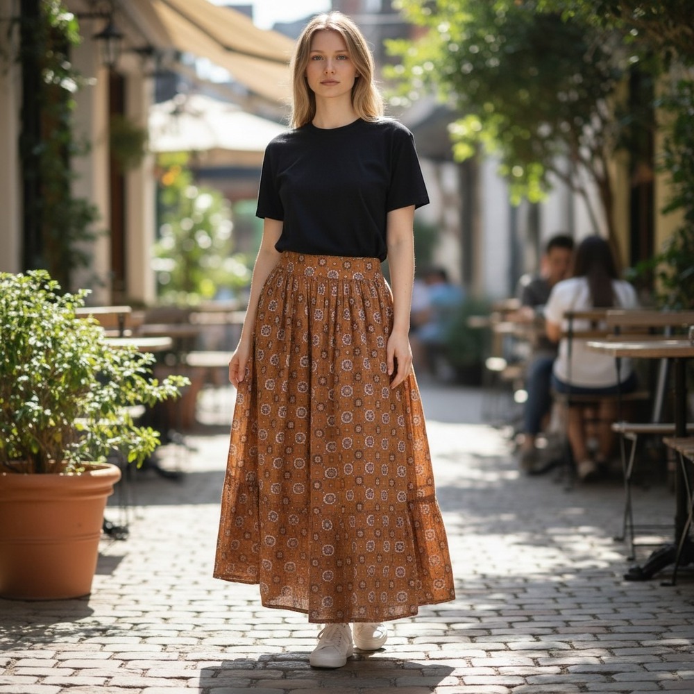 340. Boho Rust Orange Floral Medallion Smocked Waist‎ Tiered Maxi Skirt Women